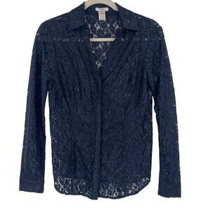 Y2K Cache Size Small Navy Lace Top Vtg Sheer Button Up Whimsigoth Vamp Victorian